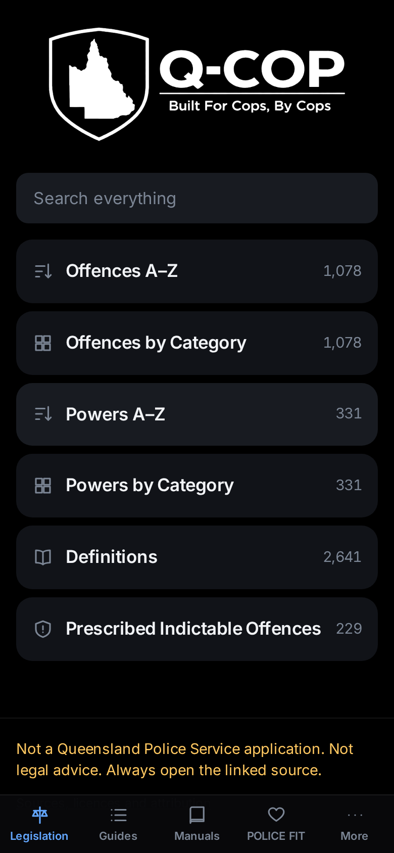 The Q-Cop home screen, with search and the main sections
