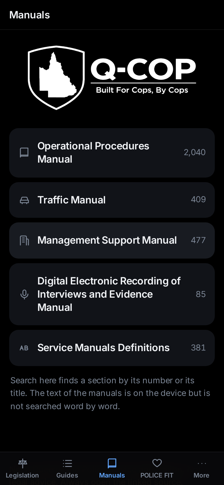 The manuals section listing the OPM, Traffic Manual, MSM, DERIE and Service Manuals Definitions