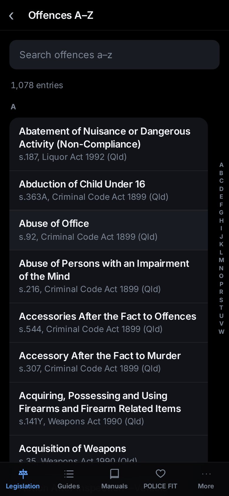 The offences list, A to Z, showing section numbers and Acts